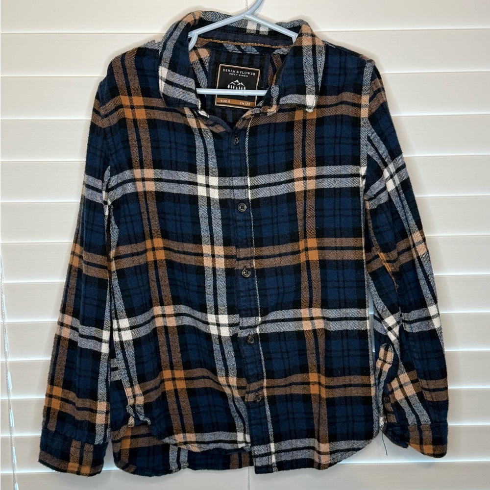 Denim & Flower Navy and Tan Plaid Kids Button Down Shirt